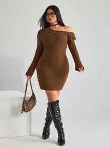 SHEIN ICON ICON 大码女式露肩长袖针织紧身连衣裙 - 棕色 - 查看 5