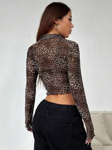 SHEIN EZwear 女士性感豹纹网眼短款开衫，秋季