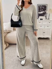 SHEIN Frenchy Plus Size V-Neck Ribbed Ruffled Hem Loose T-Shirt And Straight Leg Casual Pants Set - Apricot - View 4