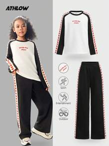 Tween Girls' Round Neck Long Sleeve Sweatshirt & Pants Set, Heart Ribbon Decor, Campus Fashion, Sporty Vintage , Outdoor Street Casual, Breathable Comfortable Commute, Running Cycling Two Pieces Set, Round Neck Sweatshirt & Pants, Thick Pants, Autumn/Winter, Heart Stripe, Lovely Day Forever, White Patchwork Black, Sportswear, Yoga, Fitness, Badminton, Tennis, Baseball, Football, Outdoor