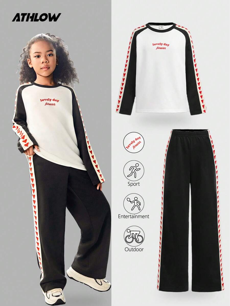 Tween Girls' Round Neck Long Sleeve Sweatshirt & Pants Set, Heart Ribbon Decor, Campus Fashion, Sporty Vintage , Outdoor Street Casual, Breathable Comfortable Commute, Running Cycling Two Pieces Set, Round Neck Sweatshirt & Pants, Thick Pants, Autumn/Winter, Heart Stripe, Lovely Day Forever, White Patchwork Black, Sportswear, Yoga, Fitness, Badminton, Tennis, Baseball, Football, Outdoor