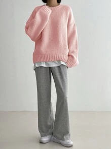 DAZY Loose Fit Solid Color Drop Shoulder Knit Sweater, Autumn/Winter,Fall Women Clothes - Pink - View 5