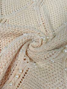 SHEIN Privé Plus Size Women V-Neck Long Sleeve Apricot See-Through Hollow Out Twisted Texture Beaded Sweater Top