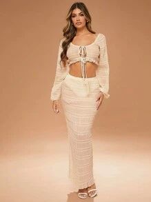 Hauture Solid Texture Low Rise Maxi Bodycon Skirt - Apricot - View 4