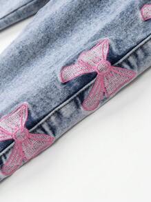 Babymeisjes Nieuwe Mode Roze Strik Geborduurde Gewassen Denim Taps Toelopende Broek - Medium gebleekt - Bekijken 6