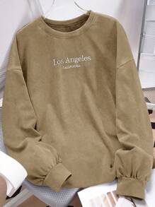 SHEIN EZwear Plus Size Acid Washed Look Vintage Knitted Distressed Loose Fit Long Sleeve T-Shirt - Camel - View 1