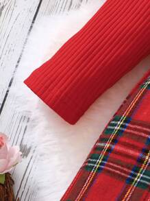SHEIN Cô Gái Trẻ In Tartan Viền Ruffle Nơ mặt trước Đầm Với băng đô Đối với Giáng sinh - Đỏ - Xem 5
