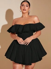 SHEIN BAE Vestido elegante plisado con hombros descubiertos y encaje fruncido en talla grande, vestido de línea A de unicolor con mangas de pétalos de encaje, vestido para invitada de boda de otoño, vestido de graduación, vestido de cumpleaños para mujer, vestido de fiesta - Negro - Ver 5