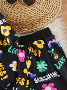 SHEIN 2pcs/Set Young Girl Casual Cartoon Printed Loose Fit Round Neck Long Sleeve Top And Elastic Waist Cartoon Printed Flared Pants Outfit