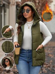 Calvaya Plus Size Solid Color Hooded Vest With Pockets, Autumn & Winter Clothes