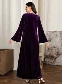 Al Najma Women's Faux Pearl Decor Square Neck Bell Sleeve Elegant Arabian Dress, Elegant Modest Long Sleeve A Line Arabian Dresses, For Evening Party/Wedding Guest/Anniversary - Purple - View 7