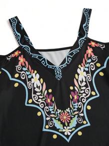 SHEIN LUNE 女式复古风格印花短裙 - 黑色 - 查看 4