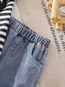 Baby Girl Autumn Winter Outfit, Includes Striped Sweatshirt And Loose Fit Ruffle Trim Denim Pants, Casual Fashion Set