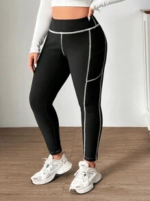 SHEIN EZwear Leggings sencillos de diario de talla grande con rayas de color contrastante