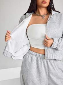 SHEIN ICON Plus Size Casual Thermal Lined Hooded Jacket, Fall/Winter - Light Grey - View 7