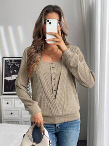 SHEIN LUNE Square Neck Button Front Tee - Khaki - View 6