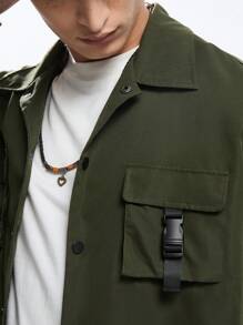 Mainfolk Men's Woven Fashionable Casual Loose Solid Color Long Sleeve Shacket, For Fall Winter - Army Green - View 5