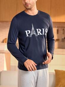 Manfinity Underwear&Sleepwear Basics Men's Letter Printed Round Neck Long Sleeve Casual Loungewear Top