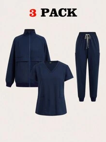 TaskEZ New Winter  Uniform Scrubs Hospital Working Scrubs Coat 3pcs Set  Supplies Nurse Dental Surgery Suit Workwear Navy Blue  Scrubs Uniform Scrub Sets - Navy Blue - View 1