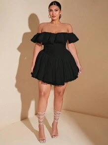 SHEIN BAE Vestido elegante plisado con hombros descubiertos y encaje fruncido en talla grande, vestido de línea A de unicolor con mangas de pétalos de encaje, vestido para invitada de boda de otoño, vestido de graduación, vestido de cumpleaños para mujer, vestido de fiesta - Negro - Ver 7