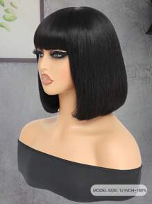 Short Bob Wig Fake Scalp Top Layered Straight Remy Hair Wigs With Bangs Jet Black Full Machine Made None Lace Wigs For Women