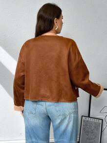 SHEIN Privé 大码女式咖啡棕色蓬松内衬保暖毛绒夹克，秋冬款 - 咖啡棕 - 查看 7