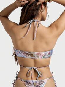 AiiRZ 印花圆环细节抹胸式吊带比基尼上衣和侧系带比基尼下装两件套夏季