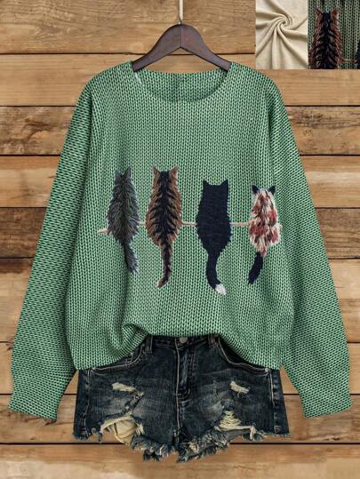 SHEIN LUNE Suéter de cuello redondo con estampado de gato de manga larga para mujer