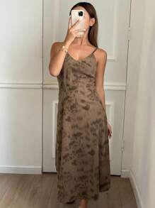 DAZY Ärmellose Damen Maxikleid mit Blume Muster und Reißverschluss, Herbstmode