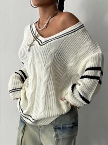 Flirla Women Contrast Color Knitted Long Sleeve Sweater