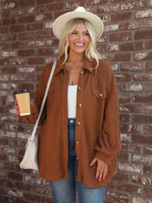 SHEIN LUNE Plus Size Plain Button-Front Casual Long Sleeve Jacket Winter Fall Autumn