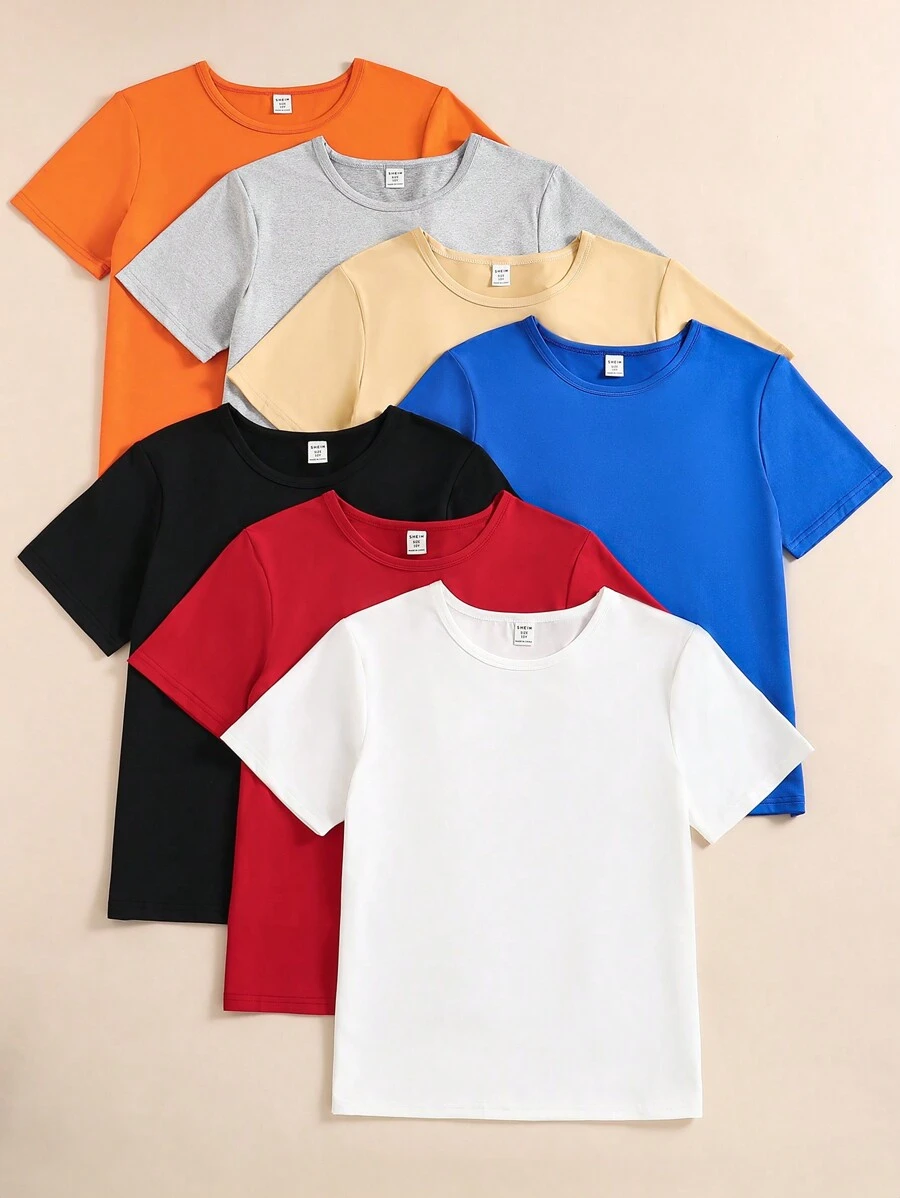7pcs/Set Tween Boy Casual Crew Neck Solid Color Pullover Knit T-Shirts, School, Campus, College - Multicolor - View 1
