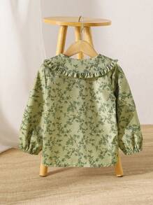 SHEIN Vintaside Kids 年轻女孩灯芯绒领衬衫绿色，复古乡村法式风格，适合秋冬季 - 綠色 - 查看 2