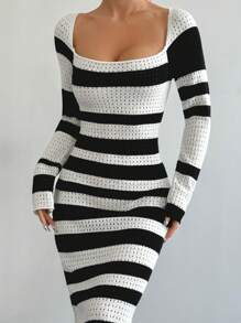 Flirla Women's Striped Turtleneck Long Sleeve Maxi Fitted Elegant Sweater Dress, Autumn Winter - Black and White - View 3