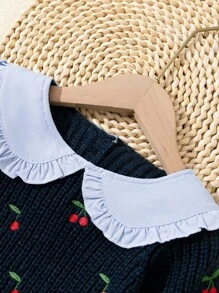 Baby Girl Embroidered Cherry Crew Neck Sweater, Autumn - Navy Blue - View 5