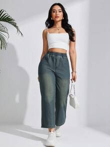 女士休闲宽松松紧腰直筒牛仔裤，适合春夏季 - 軍綠色 - 查看 8