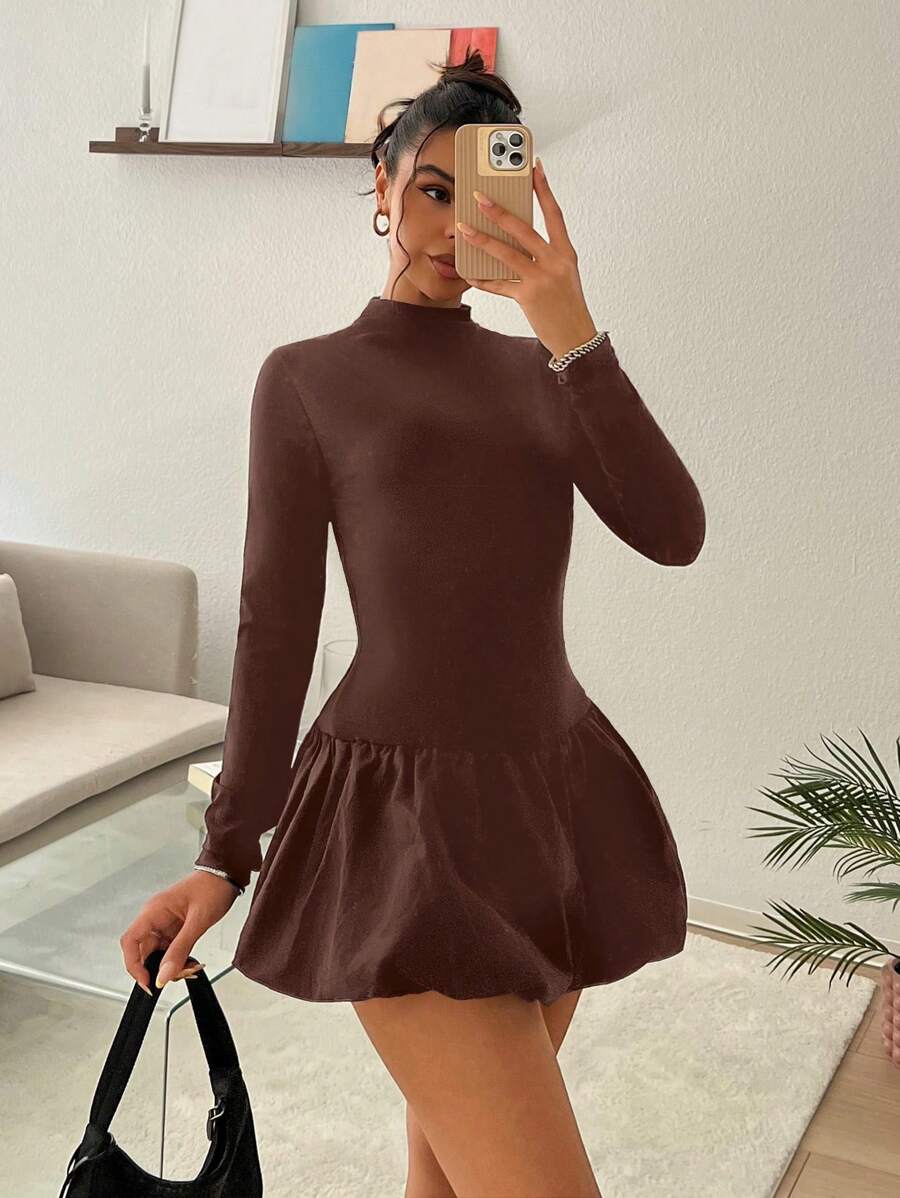 SHEIN EZwear 女式纯色长袖高领莲花花蕾紧身连衣裙 - 棕色 - 查看 1