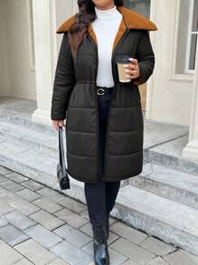 SHEIN Frenchy Abrigo acolchado negro de largo medio con cuello de piel, invierno, forro polar esponjoso para mantener el calor, grueso - Negro - Ver 4