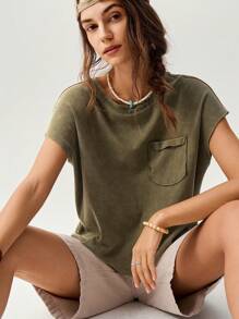 Bohemela 女式做旧洗漱袋圆领宽松 T 恤 - 橄欖綠 - 查看 6