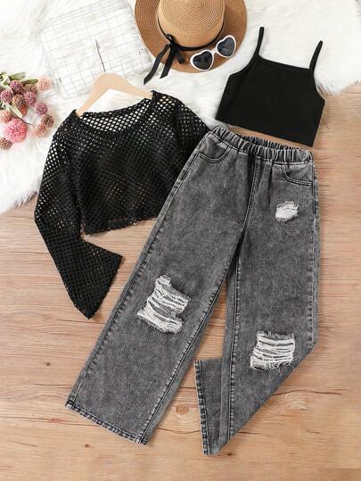 SHEIN Conjunto de ropa de otoño para niña preadolescente con blusa de manga larga transparente de cuello redondo blanco + camiseta negra interior + jeans rotos con lavado de piedra y cintura elástica con bolsillos