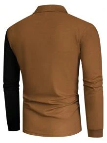 Manfinity Homme Men's Color Block Long Sleeve Casual Loose Polo Shirt, Spring Autumn