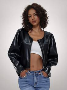 Forever 21 前拉链长袖休闲 PU 黑色简约夹克 - 黑色 - 查看 2