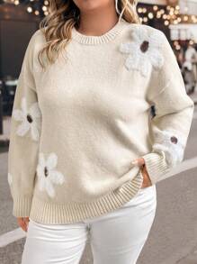 SHEIN LUNE Plus Size Crew Neck Long Sleeve Floral Pattern Simple Casual Pullover Sweater - Apricot - View 1