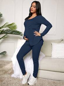 SHEIN 女士简约纯色哺乳长袖上衣和裤子套装，适合孕妇 - 藏蓝色 - 查看 4