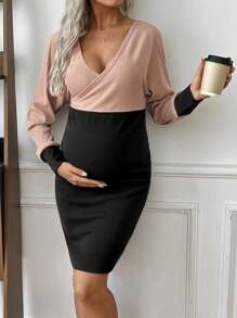 SHEIN 孕妇 V 领撞色裹身长袖连衣裙，适合孕妇 - 彩色 - 查看 3