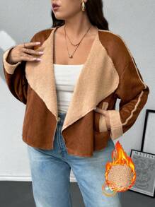 SHEIN Privé 大码女式咖啡棕色蓬松内衬保暖毛绒夹克，秋冬款 - 咖啡棕 - 查看 4