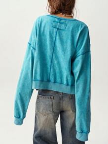 Bohemela Women's Casual Solid Color Knit Dropped Shoulder Loose Fit Sweatshirt - Mint Green - View 2