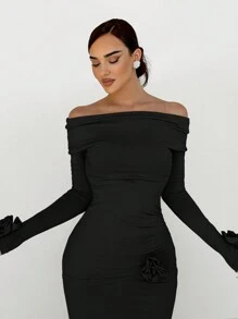 Aloruh Women's Solid Color Party/Date Off-Shoulder Ruched Rose Fishtail Bodycon Dress, Autumn/Winter - Black - View 4