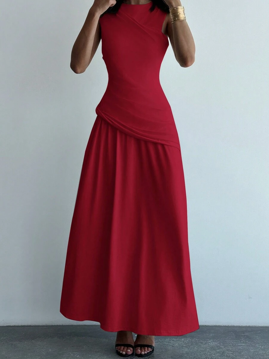 Aloruh 全新优雅圆领不对称袖腰部修身 A 字长款紧身连衣裙，4 季 - 酒紅色 - 查看 1