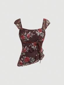 SHEIN MOD 女士不对称对比波浪下摆低 V 领吊带背心，配蝴蝶结缎带装饰 - 棕色 - 查看 1